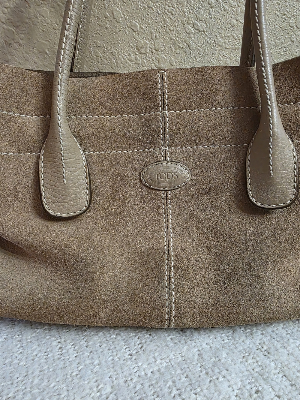 TOD'S Taupe Suede Tote with Leather Trim